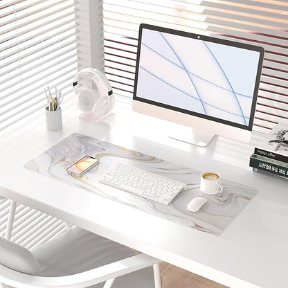 QiyI White Mouse Pad, Cute Marble Large Desk Mat, PU Leather Desk Protector Mousepad, Gold Grey Striped Waterproof Computer Keyboard Gaming Mouse Pads, Non Slip Extended Writing Pad 31.5" x 11.8"