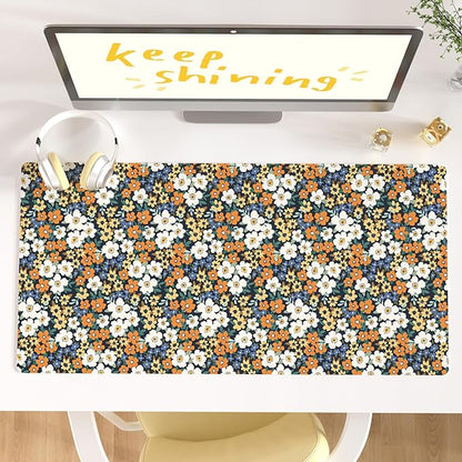 Colorful Star Large Mouse Pad, Floral Desk Mat Office Supplies, Waterproof Faux Leather Big Gaming Mousepad for Women Girls, Ditsy Wild Flowers Desk Pad Home Office Décor Accessories 31.5" x 15.7"