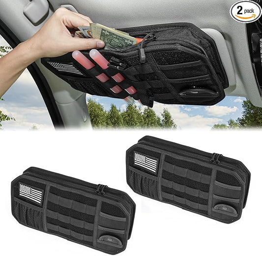 MAIKER 2 Packs Car Sun Visor Organizer, Car Organizer with Zipper Visor Organizer Storage Pouch, Glasses Clip, Card Holder, Molle Panel for Tactical Gears, for Most Vehicles, SUVs & Trucks