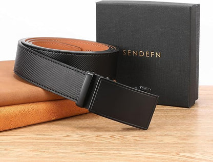 SENDEFN Men's Leather Belt Automatic Ratchet Buckle Slide Belt for Dress Casual Trim to Fit with Gift Box