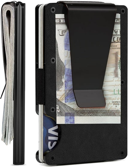 Minimalist Slim Wallet for Men,RFID Blocking Metal Wallet,Aluminum Credit Card Holder & Money Clip 12-15 Cards,Slim Rfid Front Pocket Mens Wallet,Leather Black