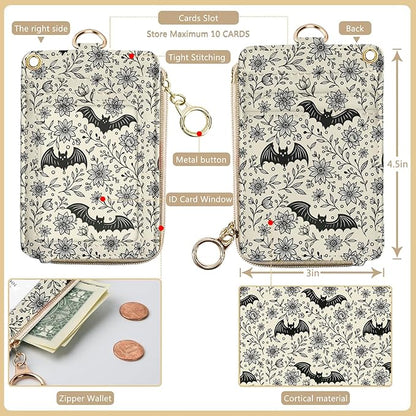 bolimoss Bat Lanyard Wallet Badge Holder PU Leather RFID Keychain Wallet with Breakaway Neck Wristlet Lanyard Zipper Pocket, Slim Credit Card Holder with Key Ring Phone Holder for Teacher Nurse Women