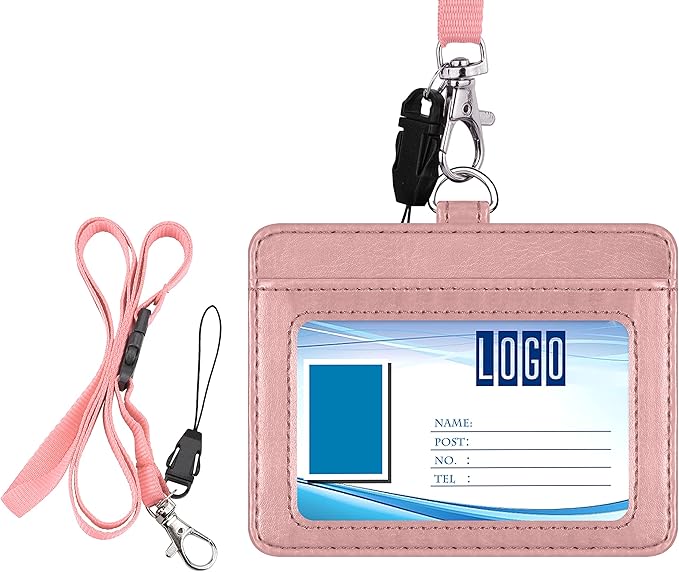 Wisdompro 2-Sided PU Leather ID Badge Holder with 1 ID Window and 1 Card Slot and 1 piece 22 Inch Polyester Detachable Neck Lanyard Strap (Holds 3 to 4 Cards) - Horizontal (Rose Gold)