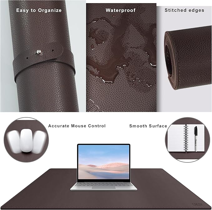 Cacoy 36" x 20" Leather Desk Pad Blotter, XXL Large Gaming Mouse Pad, Waterproof PU Leather Desk Mat On Top of Desk for Office and Home (Brown)