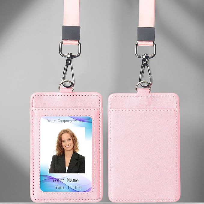 Leather Badge Holder with Adjustable Lanyards,Swivel Metal Clasp for Offices, Staff, Students, Employees (Pink)
