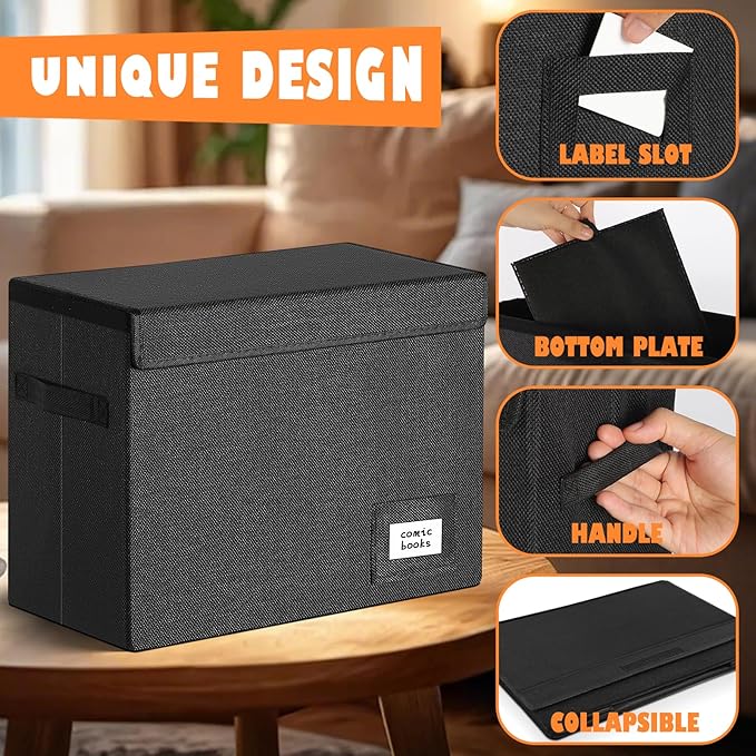 Leffis 6 Pack Comic Book Storage, Collapsible and Stackable Comic Short Box, Moistureproof Comic Box with Lid and Label Slot 15.5" X 7.5" X 11.3" Holds 150 Comics