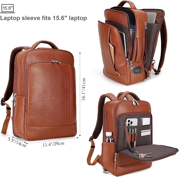 TIDING Expandable Leather 15.6" Laptop Backpack for Men Women, TSA Friendly Business Travel Rucksack Slim Work Casual Daypack