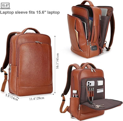 TIDING Expandable Leather 15.6" Laptop Backpack for Men Women, TSA Friendly Business Travel Rucksack Slim Work Casual Daypack
