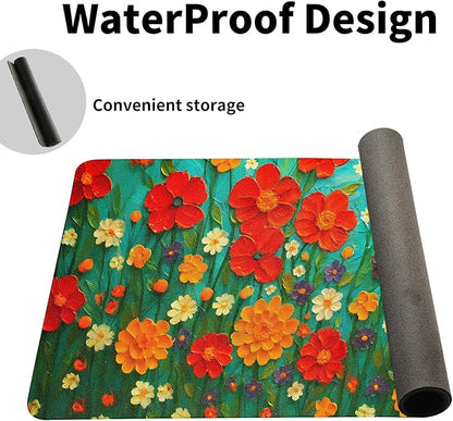 Oil Painting Flowers Desk Mat for Women, Large PU Leather Desk Pad with Non-Slip Base, Aesthetic Office Keyboard Cover for Gaming & Home Work, Artistic Desk Decor (23.6x11.8 Inch)