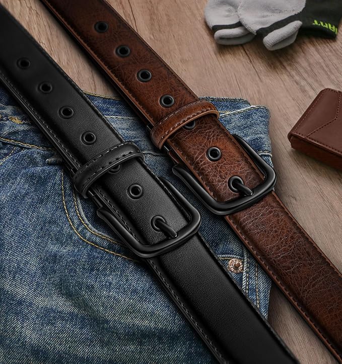 BULLIANT Men Belt 2Pack-Leather Belt 7Holes Comfortable For Men's Dress Casual Jeans 1 3/8"