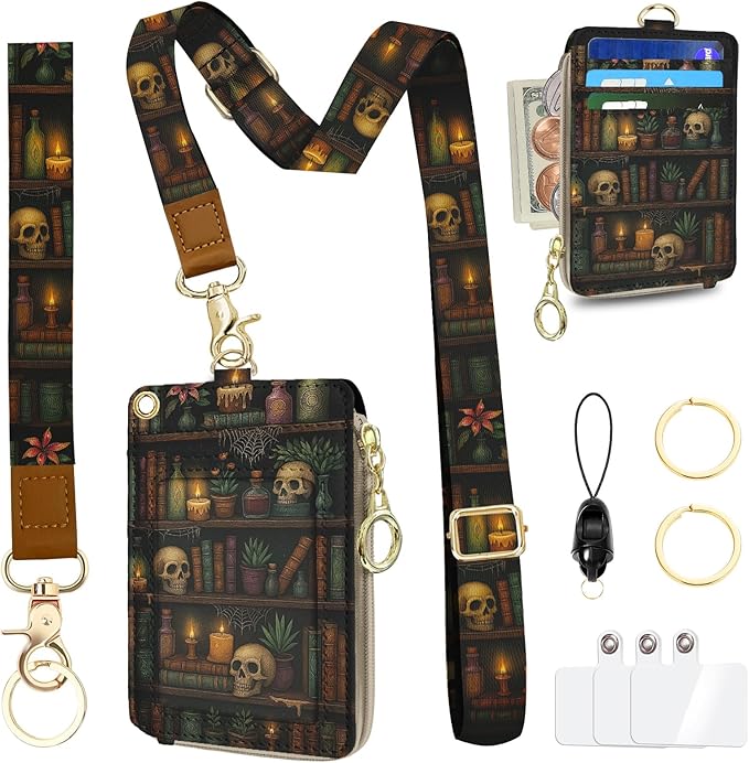 Goth Skull Bookshelf Lanyard Wallet with Id Badge Holder, Small RFID Keychain Wallet Lanyard for Women, PU Leather Zipper Credit Card Holder Phone Wrist Neck Strap for Id Badge Office Gifts