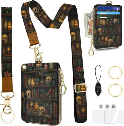 Goth Skull Bookshelf Lanyard Wallet with Id Badge Holder, Small RFID Keychain Wallet Lanyard for Women, PU Leather Zipper Credit Card Holder Phone Wrist Neck Strap for Id Badge Office Gifts