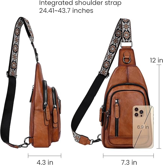 HESHE Leather Sling Bag for Women Crossbody Bags with Multi-Pocket Stylish Fanny Packs for Travel Chest Bag