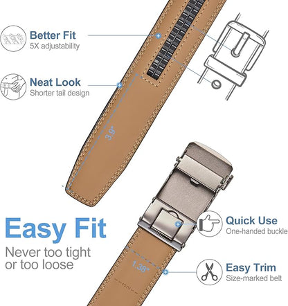 Men's Leather Ratchet Belt, 1-3/8" Wide, Auto Buckle, Trim-to-Fit, No Holes, Casual & Dress, Gift Box
