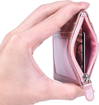 Badge Holder with Zip, Wisdompro 2-Sided PU Leather ID Badge Holder with 1 ID Window, 4 Card Slots, 1 Side Zipper Pocket and 1 piece 20 Inch Leather Neck Lanyard Strap - Rose Gold (Horizontal)