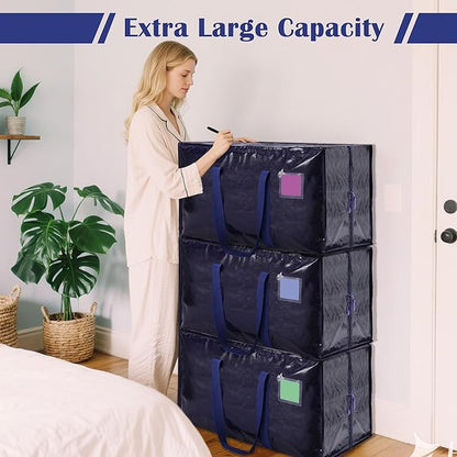 6 Pack Moving Bags Heavy Duty 210GSM with Full-Open Side Zipper, 93L 65lbs Waterproof Foldable Storage Totes for College Dorm Move-In, Moving Boxes Alternative & Home Organization, Blue