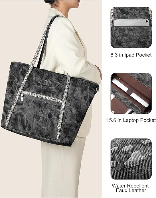 FADEON Large Laptop Tote Bag for Women Designer Leather Laptop Bag Fashion Travel Backpack Purse Shoulder Handbag