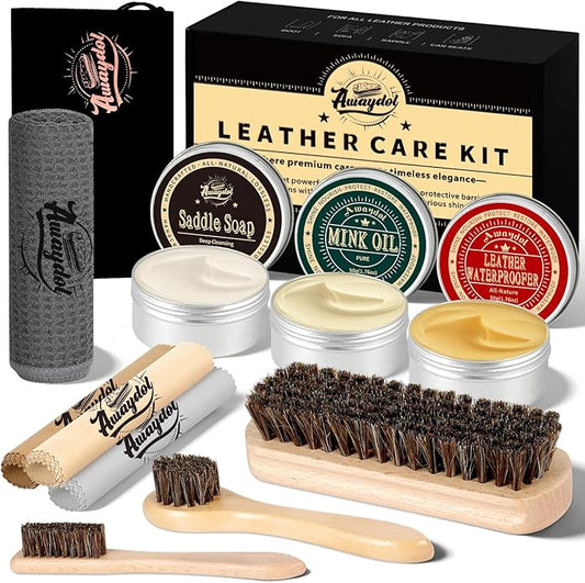 10 PCS Leather Care Kit - Horsehair Brushes,Saddle Soap,Waterproofing Wax,Mink Oil Conditioner,Polishing Cloth,Microfiber cloth,Boot Shoe Shine Cleaning Kit Gift for Men Cowboy Husband Dad ﻿