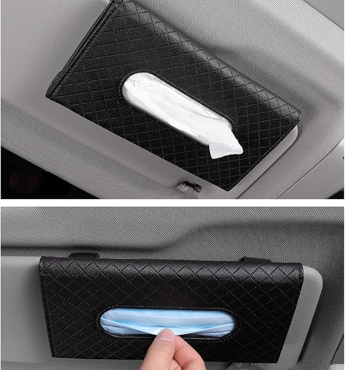 Car Tissue Refill Holder, Tissue Holder for Car, Black PU Leather Car Sun Visor Tissue Paper Storage Box Holder Cases, Hanging Tissue Clip, Car Napkin Holder
