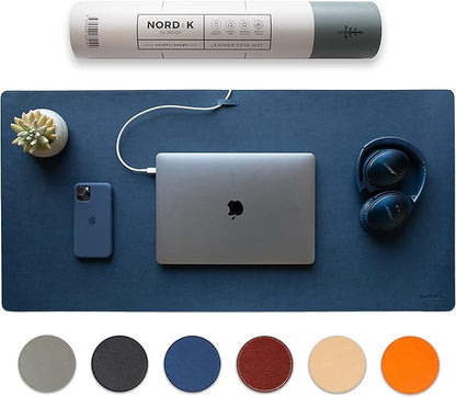 Nordik Leather Desk Mat Cable Organizer (Midnight Blue 35 x 17 inch) Premium Extended Mouse Mat for Home Office Accessories - Felt Vegan Large Leather Desk Pad Protector & Desk Blotter Pads Decor