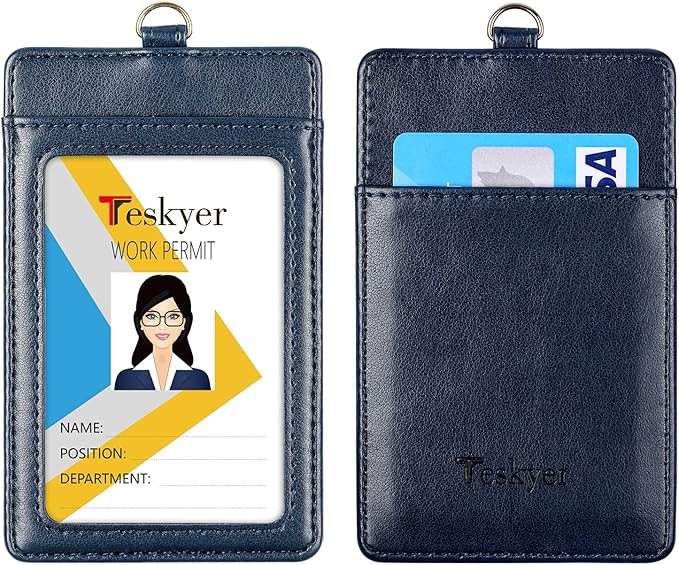 Teskyer Leather Badge Holder with Lanyard and Badge Reel, Retractable Lanyard ID Card Holder for Office School Name Work IDs, Blue