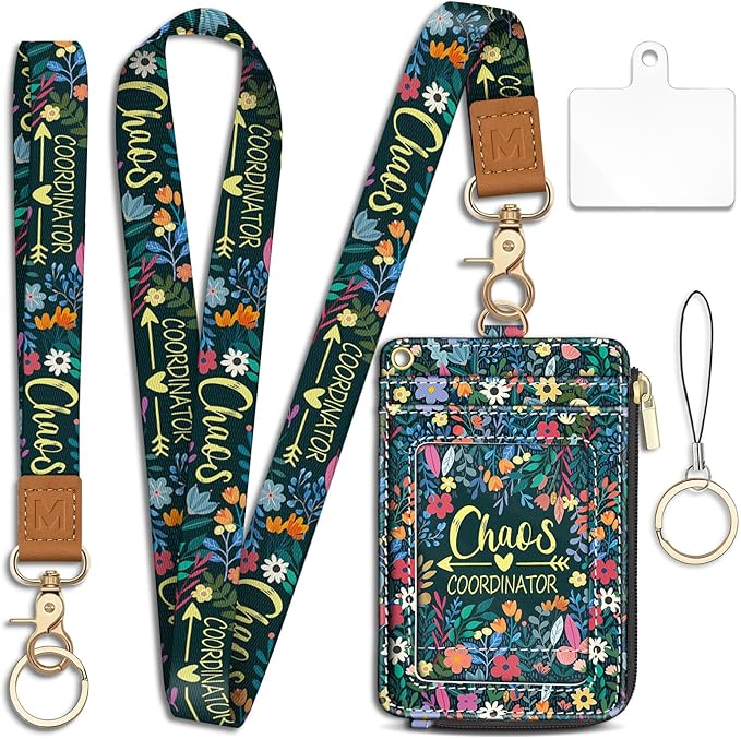 Piefly Flowers Lanyard Wallet with ID Badge Holder, Small RFID Wallet Women Keychain Wristlet, Slim Credit Card Holder with Zipper Pocket Phone Lanyard Wrist Strap Name Tag Woman Office Teacher Gift