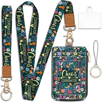 Piefly Flowers Lanyard Wallet with ID Badge Holder, Small RFID Wallet Women Keychain Wristlet, Slim Credit Card Holder with Zipper Pocket Phone Lanyard Wrist Strap Name Tag Woman Office Teacher Gift