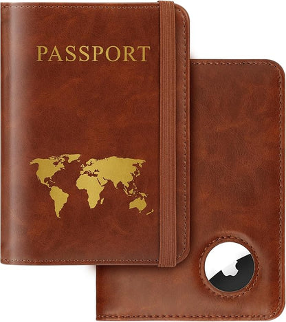 Passport Holder for Travel Women Men - Passport Cover Wallet with Airtag Slot - RFID Blocking PU Leather Passport Holder Case with Card Holder, Pen Slot - Brown