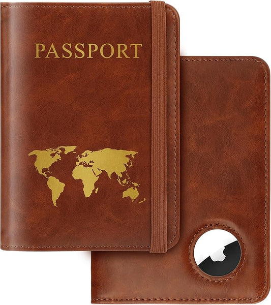 Passport Holder for Travel Women Men - Passport Cover Wallet with Airtag Slot - RFID Blocking PU Leather Passport Holder Case with Card Holder, Pen Slot - Brown