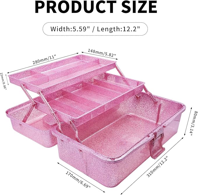 Saim Storage Bins, Three-Layer Multipurpose Art & Craft Storage Container, Carry Tackle Organizer, Medicine Cosmetic Art Supply Box for Art Supply Makeup Hair Accessories Painting Tools - Pink