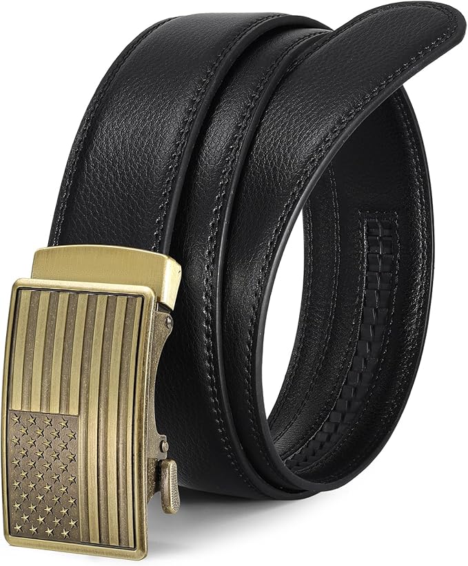 SANSTHS Mens Ratchet Belts Leather 1 3/8" for Men Dress and Casual, Adjustable Click Belts with American Flag Buckles