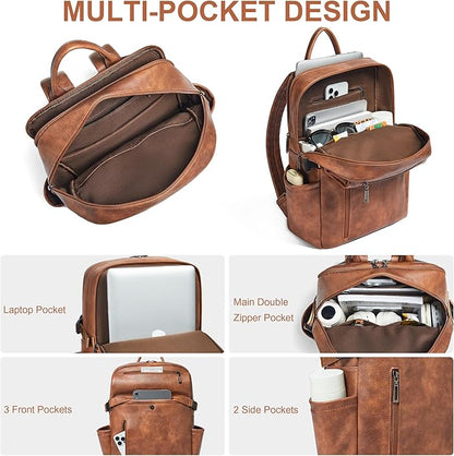 Leather Laptop Backpack for Women, 15.6 Inch Laptop Travel Backpack Purse Large Capacity Computer Bag, Casual Daypack Nurse Bag College Bookbag for School, Brown