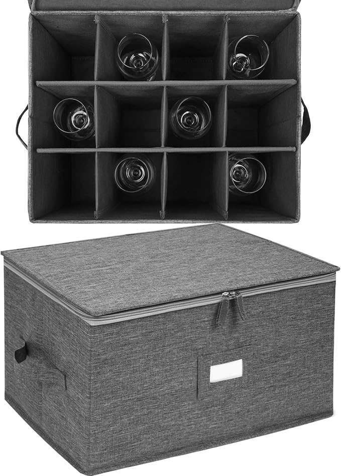 popoly Stemware Storage Containers (2 pack), Wine Glass Storage Box with Dividers for Glassware or Crystal, Holds 12 Red or White Wine Glasses, Hard Top and Stackable (Grey)