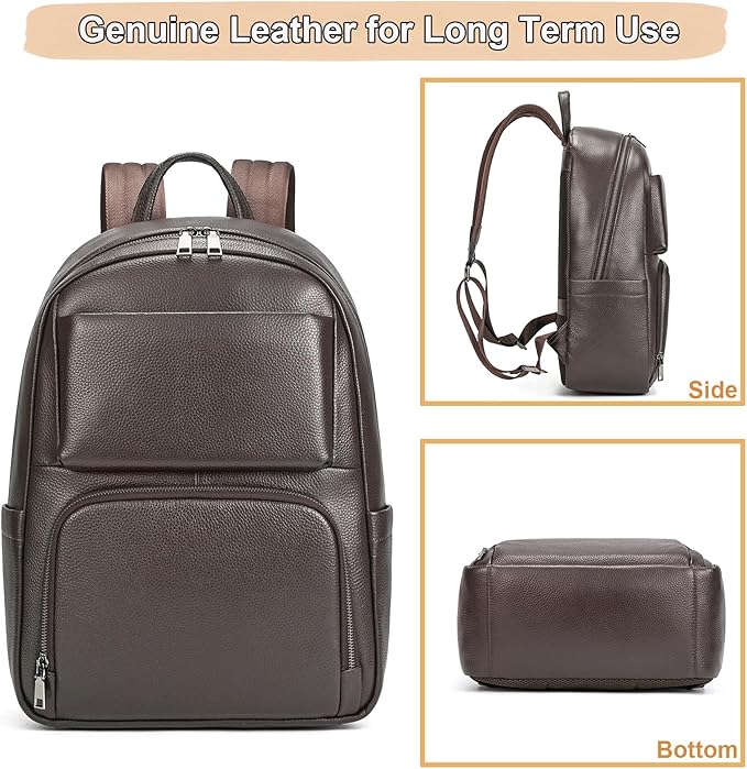 Genuine Leather 15.6 Inch Laptop Backpack for Men, Multi Pocket Casual Daypack Shoulder Bag for Business Travel Outdoor, Coffee