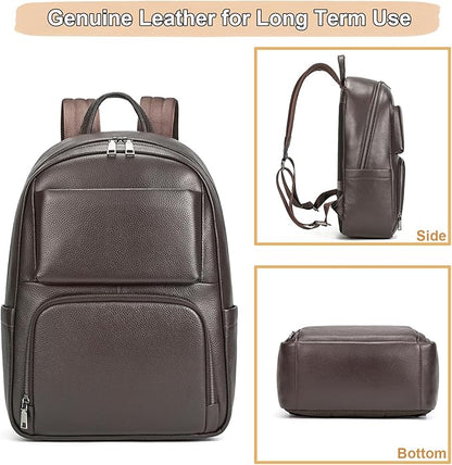 Genuine Leather 15.6 Inch Laptop Backpack for Men, Multi Pocket Casual Daypack Shoulder Bag for Business Travel Outdoor, Coffee