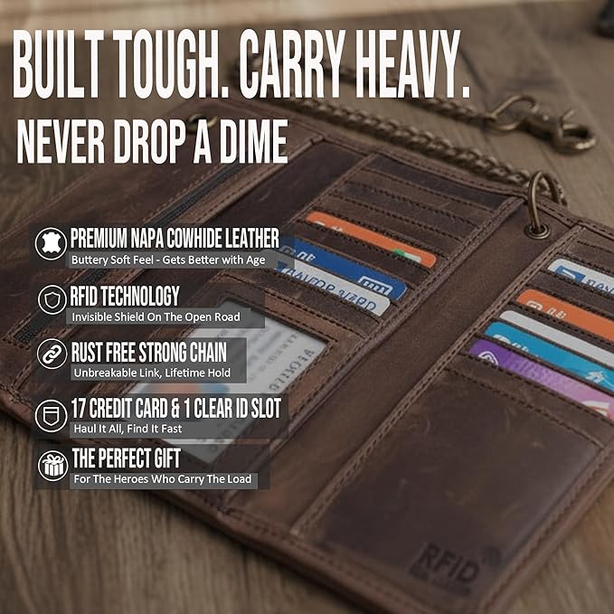 IBRO VINTAGE Motorcycle Chain Wallet for Men – Premium Cowhide Leather, RFID Tri-Fold Biker Wallet with Heavy Duty Chain for Bikers Truckers & Hunters, Credit Card Money Organizer Long Wallet | Long Trifold, RFID Blocking, Men's, Trucker Biker