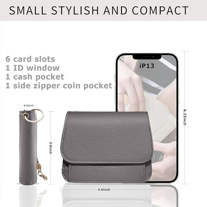 Women Small Wallet RFID Blocking Slim Wallet with Coin Pocket Tri-Fold Credit Card Holder with ID Window and Keychain (Grey)