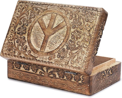 Ajuny Wooden Hand Carved Decorative Jewelry Box Peace Design Carvings Vintage Keepsake Storage Organizer Travel Treasure Chest Trinket Holder Case Great Gifts 8x5 Inch