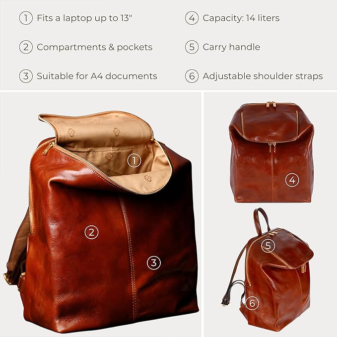 Time Resistance Leather Backpack - Unisex Business Rucksack Laptop Bag for Bag and Women (Cognac Brown)