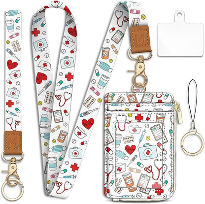 Lanyard Wallet with Id Badge Holder, Nurse RFID Small Keychain Wallet Women Wristlet, Pharmacy Cute Zipper Credit Card Holder Phone Wrist Neck Strap for Key Name Tag, Student Office Gifts