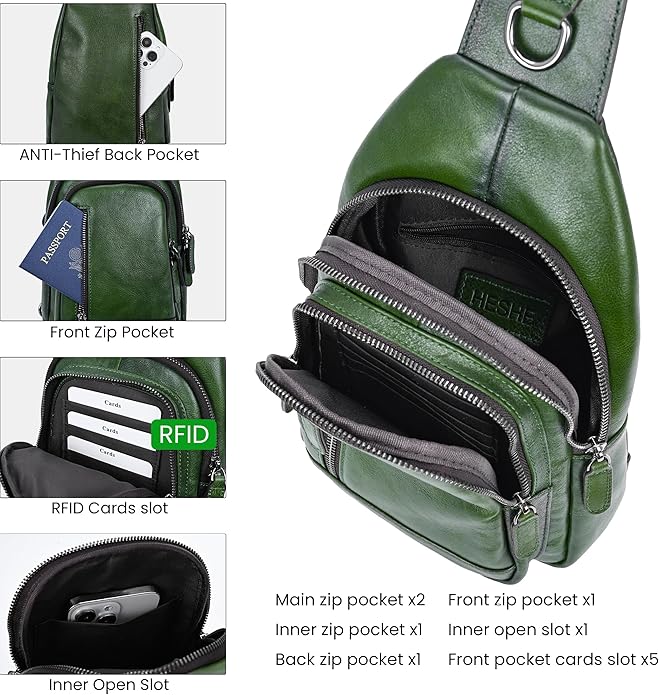 HESHE Leather Sling Bag for Women Crossbody Bags with Multi-Pocket Stylish Fanny Packs for Travel Chest Bag