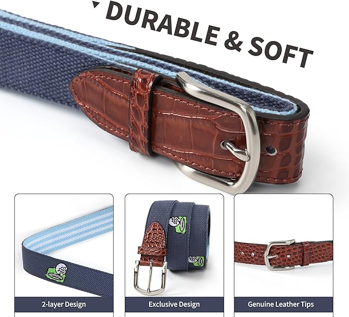 Mile High Life Golf Belts for Men, Canvas Belt with Genuine Leather Tips, Embroidered 2 Layer Web Belt with Pin Buckle