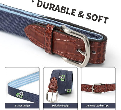 Mile High Life Golf Belts for Men, Canvas Belt with Genuine Leather Tips, Embroidered 2 Layer Web Belt with Pin Buckle