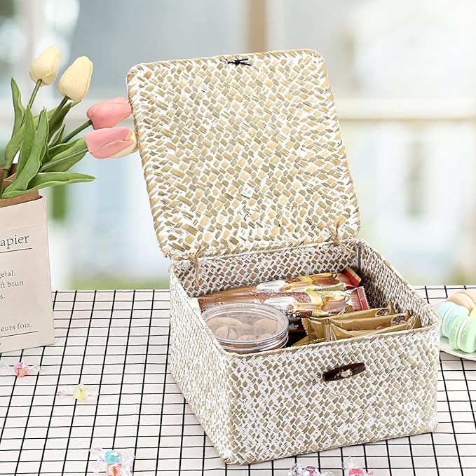 Hipiwe Handwoven Seagrass Basket with Lid Square Wicker Basket Bin Closet Storage Box Multipurpose Household Organize Container for Home Decor, Small,Whitewash