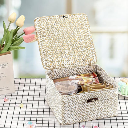 Hipiwe Handwoven Seagrass Basket with Lid Square Wicker Basket Bin Closet Storage Box Multipurpose Household Organize Container for Home Decor, Small,Whitewash