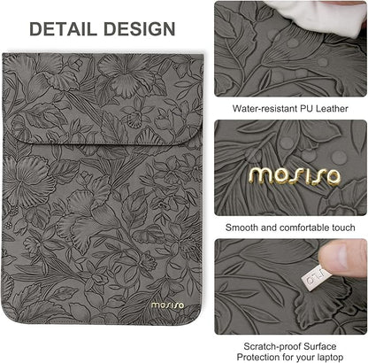 MOSISO Laptop Case 13 inch, 13 inch Laptop Sleeve Compatible with MacBook Air M4 M3 M2 M1 2025-2018 / Pro M2 M1 2025-2016, Embossed Retro Hibiscus PU Leather Case with Small Bag, Gray