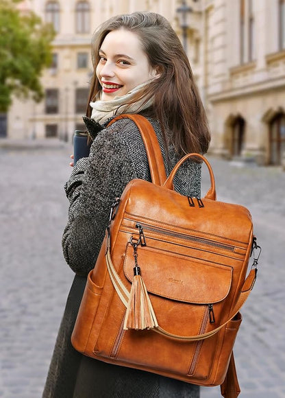 Shrrie Laptop Backpack for Women 15.6 inch,Travel Leather Backpack Purse Nurse Teacher Carry on Backpack Computer Bag,Professional Water-Resistant College Business Work Casual Daypack,Brown
