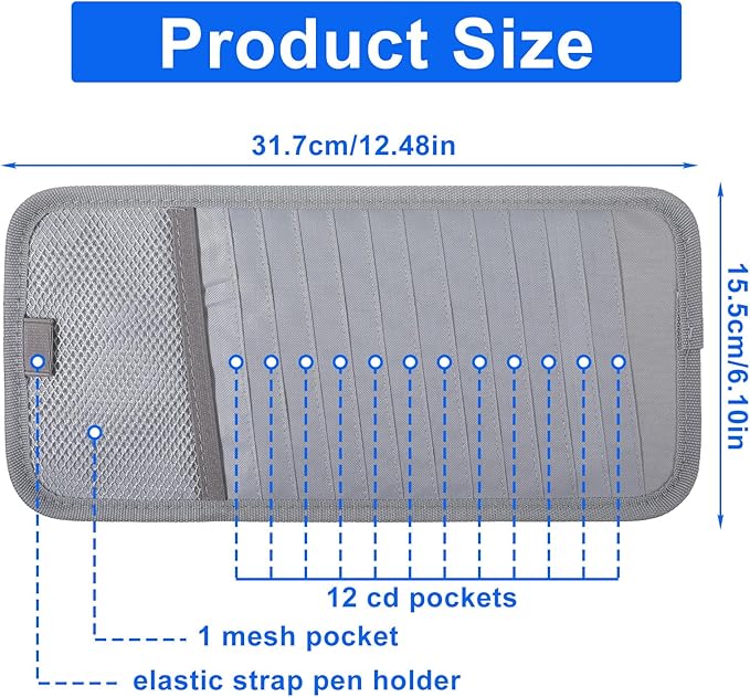 Visor CD Holder, Sun Visor CD Holder, Grey Car Visor CDs Holders with 12 Disc Sleeves 1 Mesh Pocket 1 Pen Holders & Elastic Strap