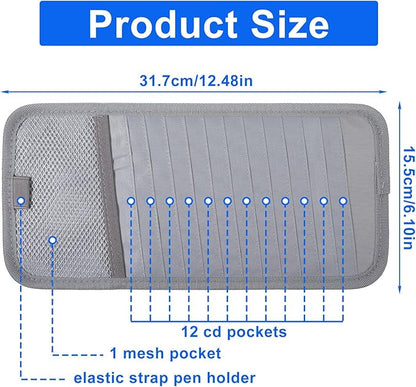 Visor CD Holder, Sun Visor CD Holder, Grey Car Visor CDs Holders with 12 Disc Sleeves 1 Mesh Pocket 1 Pen Holders & Elastic Strap