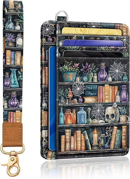 Goth Book Credit Card Holder Wristlet Wallet for Women, RFID Small Wallet Keychain Lanyard, Funny Skull Gothic Travel Cute Thin Front Pocket Case Organizer with ID Window PU Leather Witchy Gifts Woman